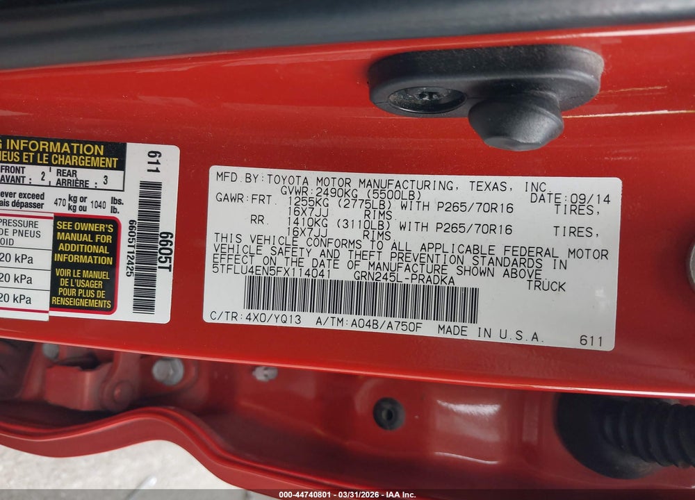 2015 TOYOTA TACOMA TRD PRO VIN: 5TFLU4EN5FX114041