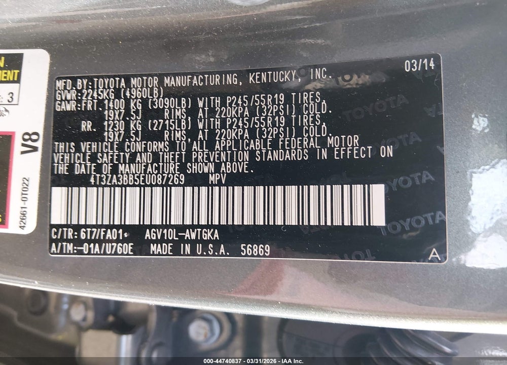 2014 TOYOTA VENZA LE VIN: 4T3ZA3BB5EU087269