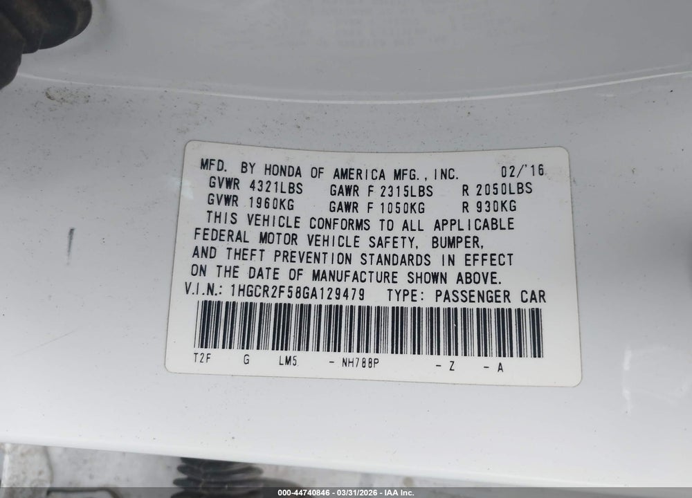 2016 HONDA ACCORD SPORT VIN: 1HGCR2F58GA129479