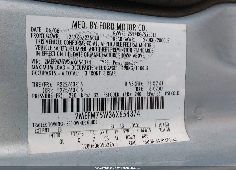 2006 MERCURY GRAND MARQUIS LS VIN: 2MEFM75W36X654374