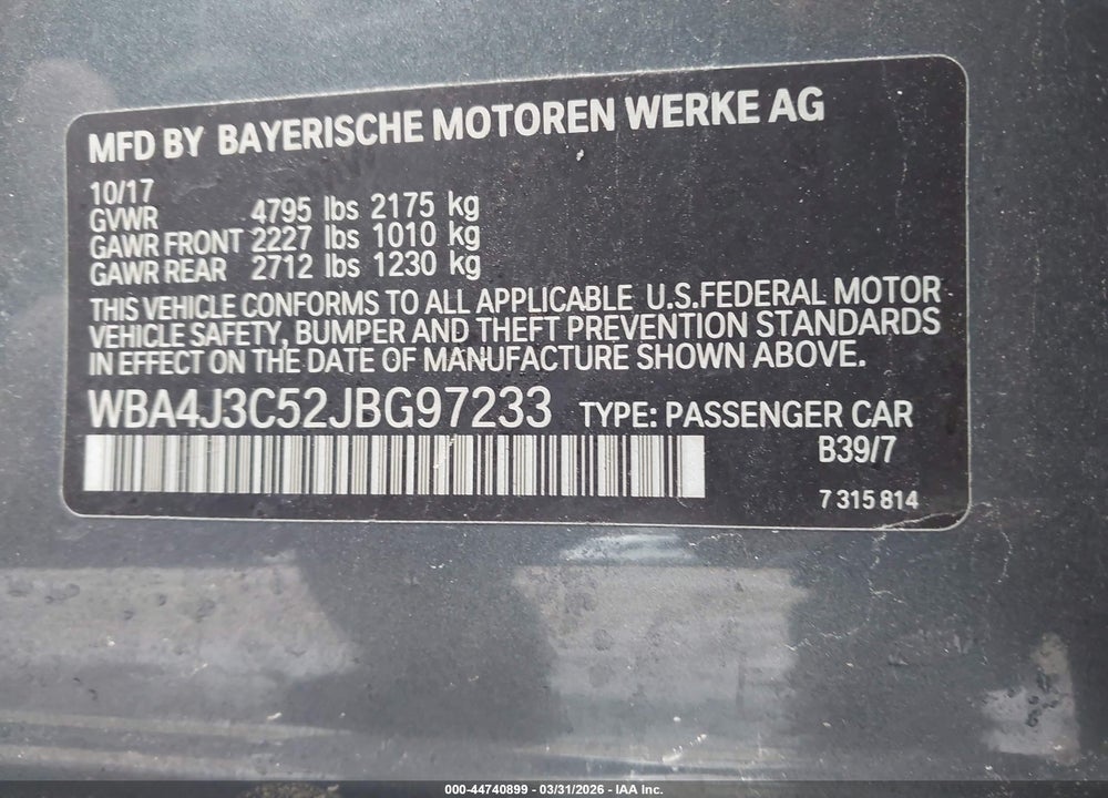 2018 BMW 430I GRAN COUPE XDRIVE VIN: WBA4J3C52JBG97233