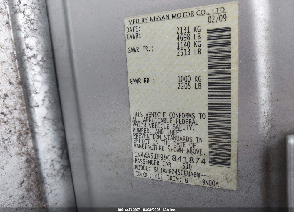 2009 NISSAN MAXIMA 3.5 SV VIN: 1N4AA51E99C841874