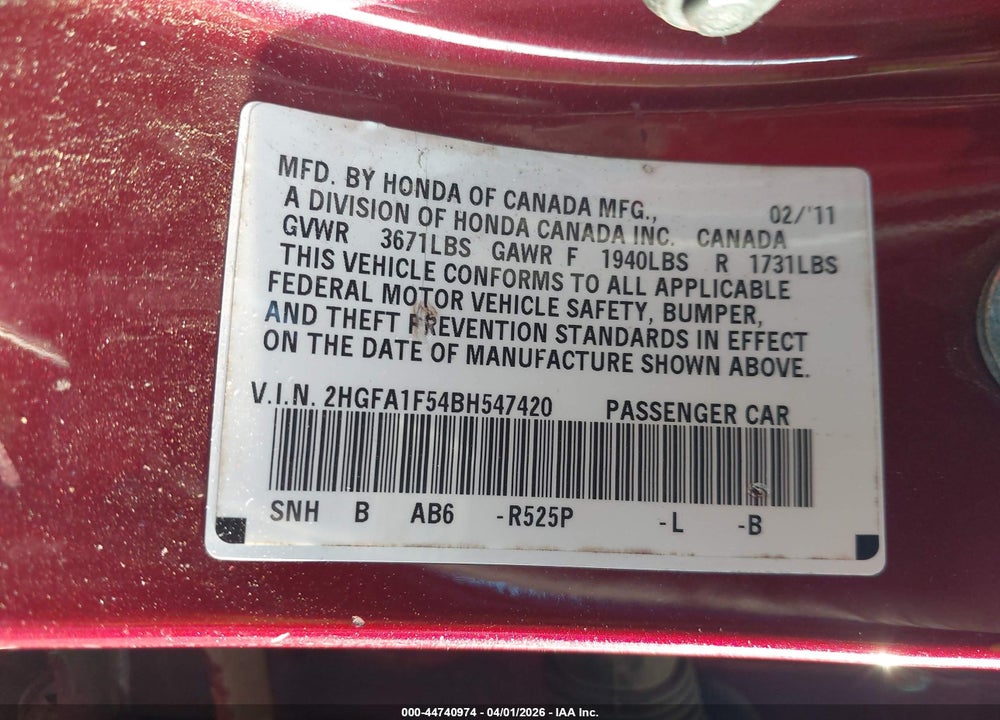 2011 HONDA CIVIC VIN: 2HGFA1F54BH547420