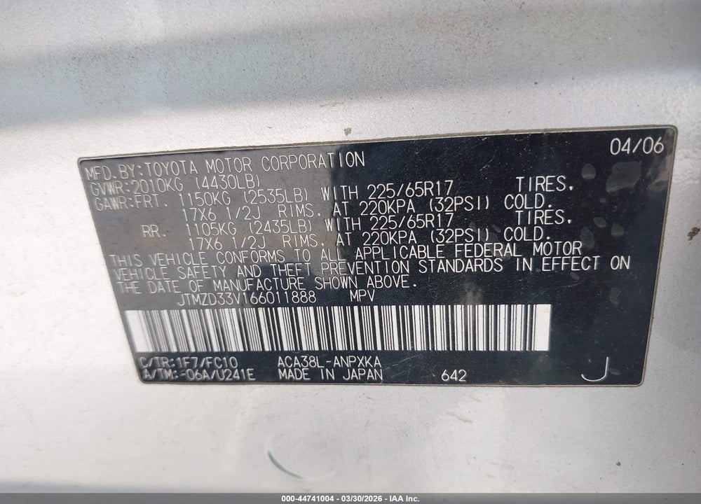 2006 TOYOTA RAV4 VIN: JTMZD33V166011888