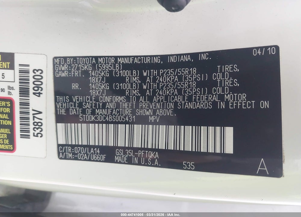 2011 TOYOTA SIENNA LIMITED VIN: 5TDDK3DC4BS005431