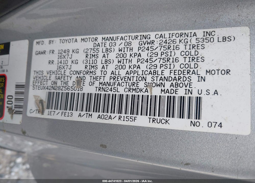 2008 TOYOTA TACOMA VIN: 5TEUX42N28Z565018
