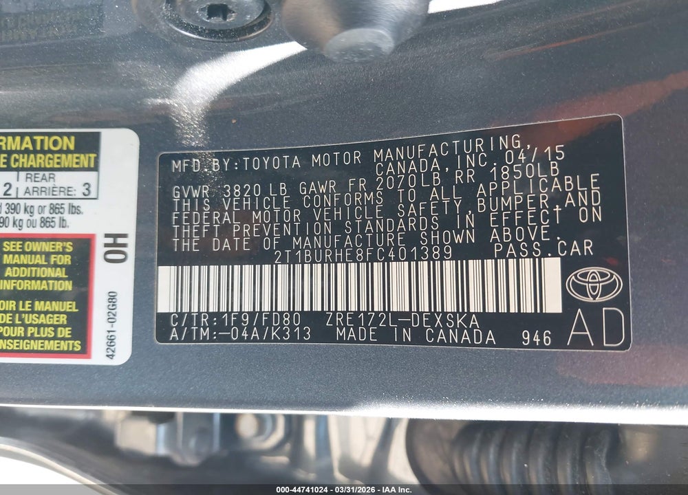 2015 TOYOTA COROLLA S PLUS VIN: 2T1BURHE8FC401389