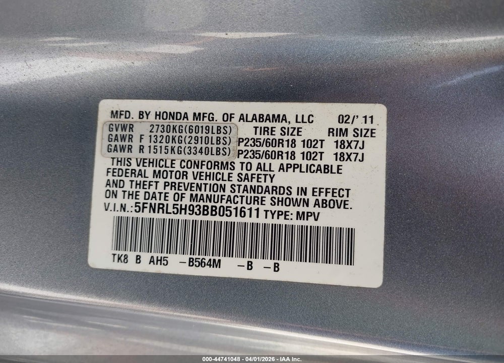2011 HONDA ODYSSEY TOURING/TOURING ELITE VIN: 5FNRL5H93BB051611