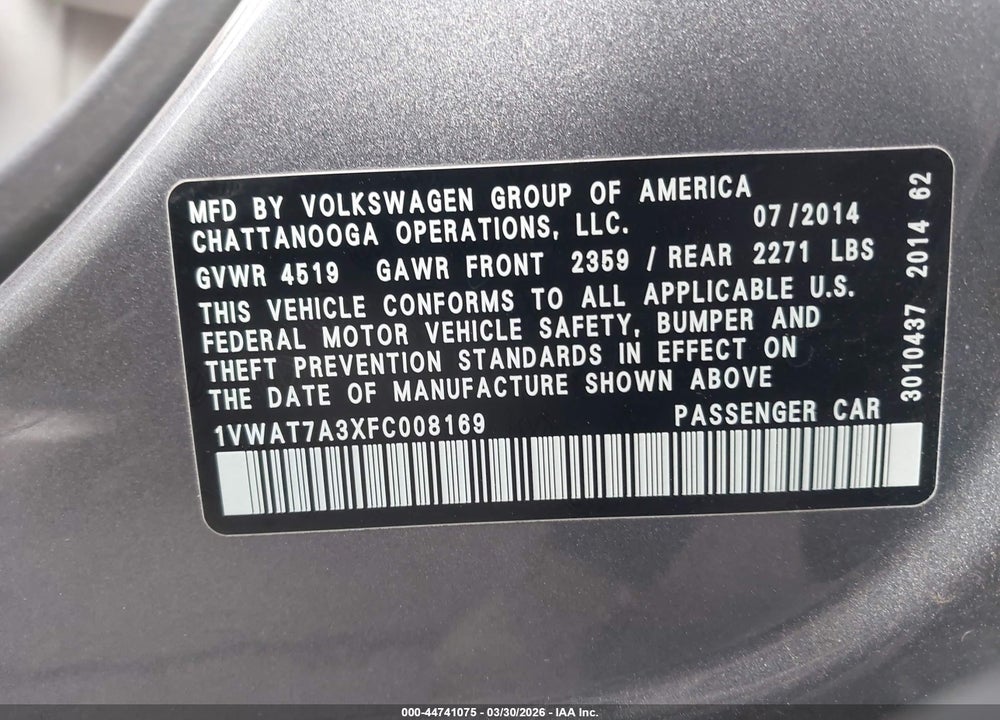 2015 VOLKSWAGEN PASSAT 1.8T S VIN: 1VWAT7A3XFC008169