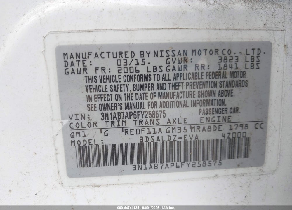 2015 NISSAN SENTRA FE+ S/S/SL/SR/SV VIN: 3N1AB7AP6FY258575