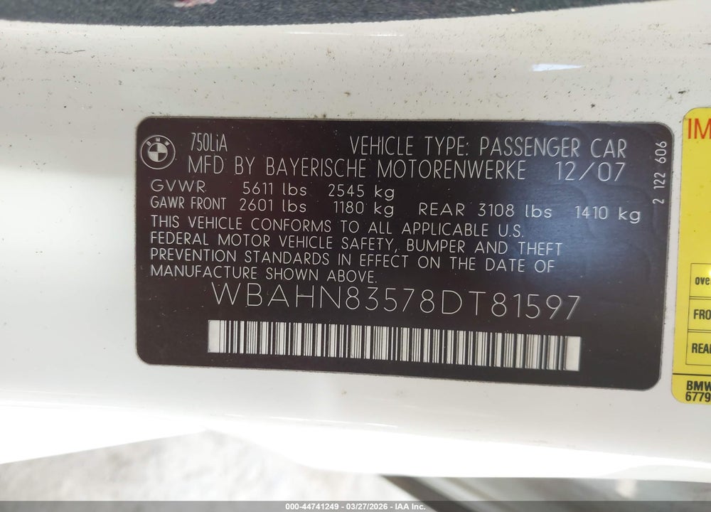 2008 BMW 750LI VIN: WBAHN83578DT81597
