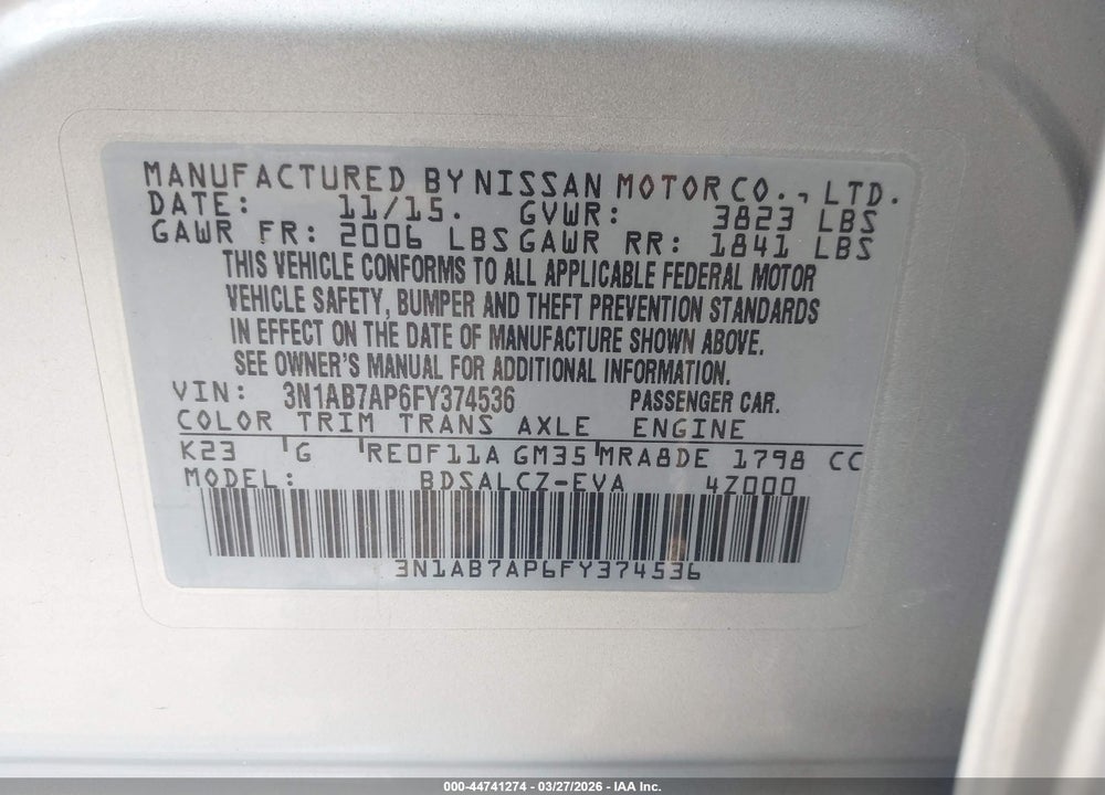 2015 NISSAN SENTRA S VIN: 3N1AB7AP6FY374536