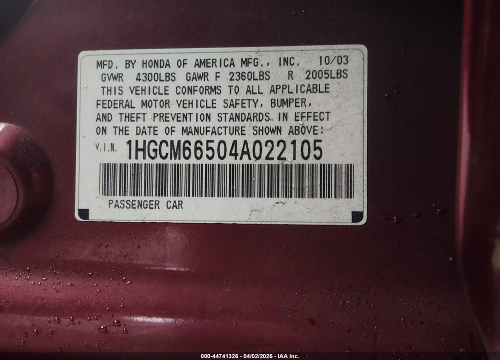 2004 HONDA ACCORD 3.0 EX VIN: 1HGCM66504A022105