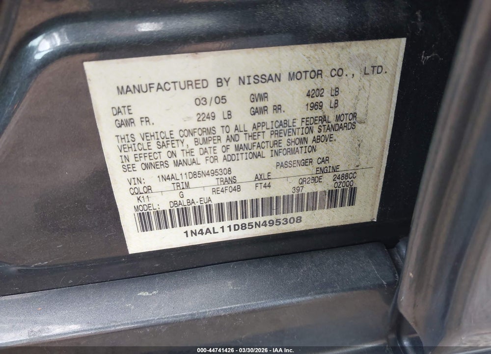 2005 NISSAN ALTIMA 2.5 S VIN: 1N4AL11D85N495308