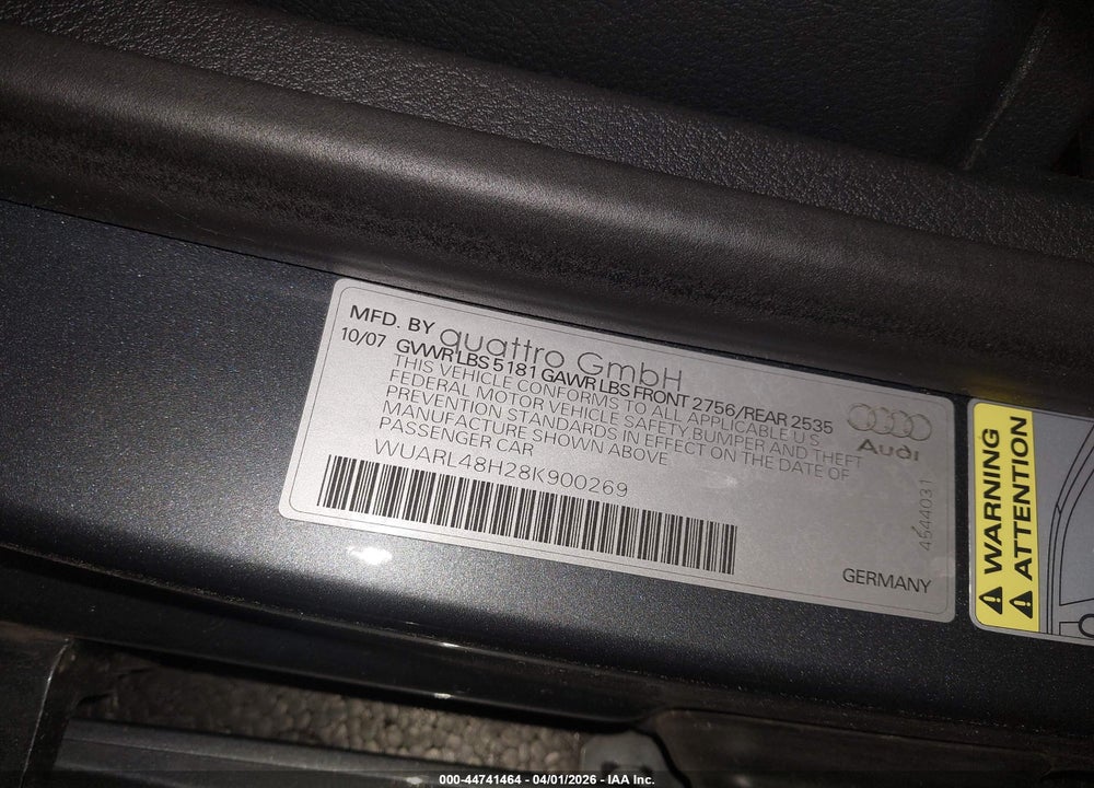 2008 AUDI S4 4.2 VIN: WUARL48H28K900269