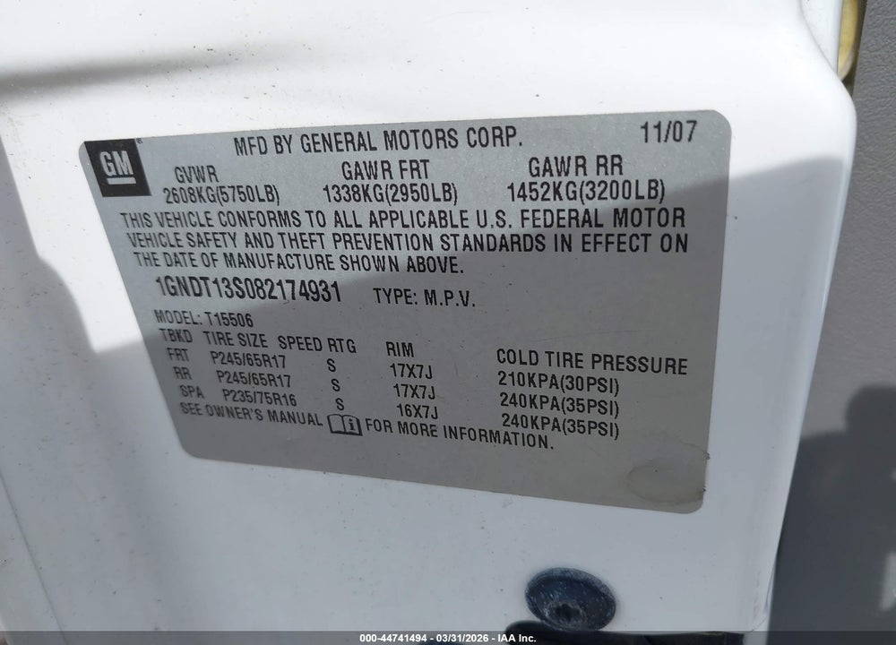 2008 CHEVROLET TRAILBLAZER FLEET VIN: 1GNDT13S082174931
