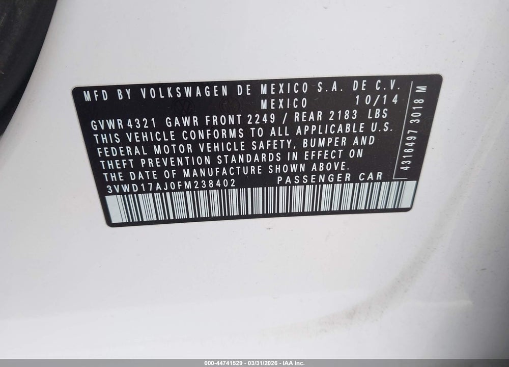 2015 VOLKSWAGEN JETTA 1.8T SE VIN: 3VWD17AJ0FM238402
