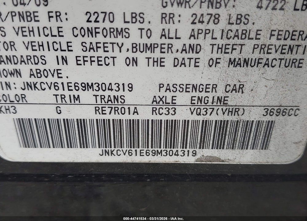 2009 INFINITI G37 JOURNEY VIN: JNKCV61E69M304319