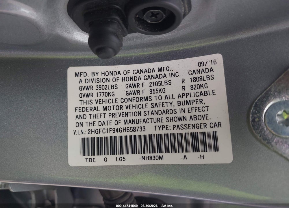 2016 HONDA CIVIC TOURING VIN: 2HGFC1F94GH658733