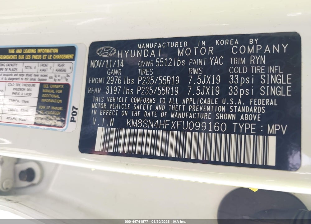 2015 HYUNDAI SANTA FE GLS VIN: KM8SN4HFXFU099160