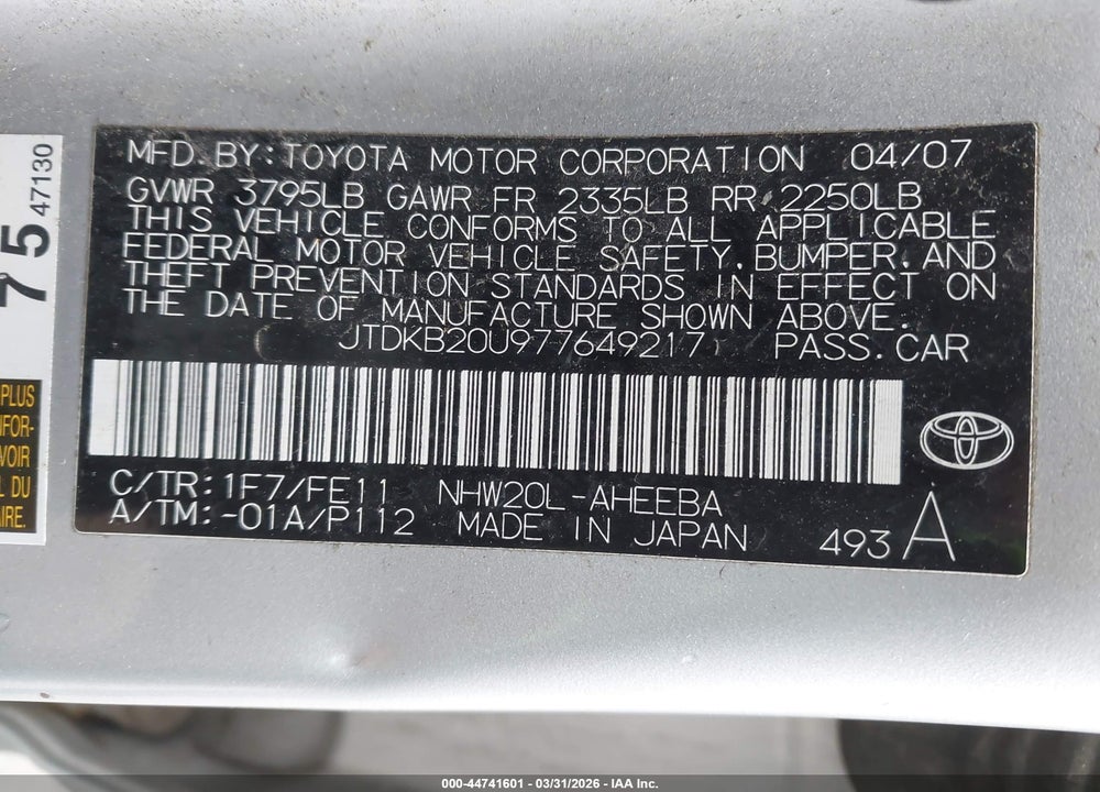 2007 TOYOTA PRIUS VIN: JTDKB20U977649217