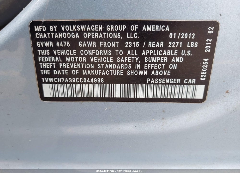 2012 VOLKSWAGEN PASSAT 2.5L SEL VIN: 1VWCH7A39CC044988