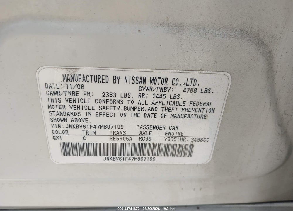 2007 INFINITI G35X VIN: JNKBV61F47M807199