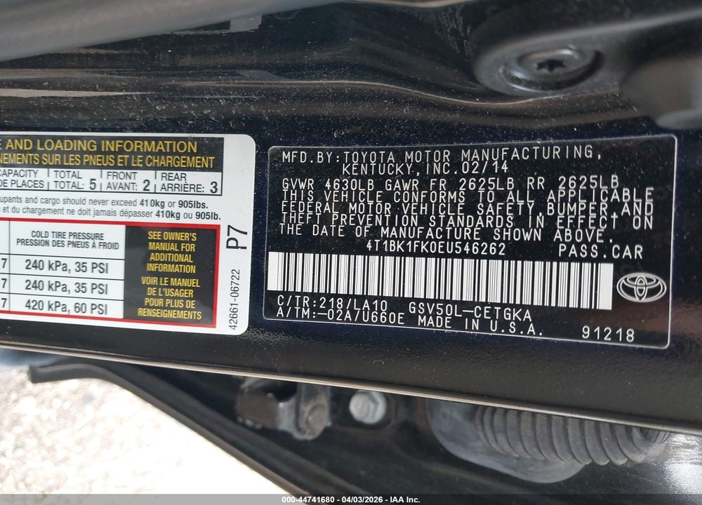 2014 TOYOTA CAMRY XLE V6 VIN: 4T1BK1FK0EU546262