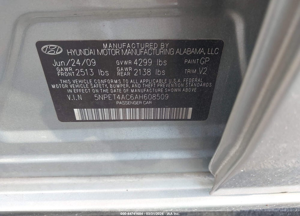2010 HYUNDAI SONATA GLS VIN: 5NPET4AC6AH608509