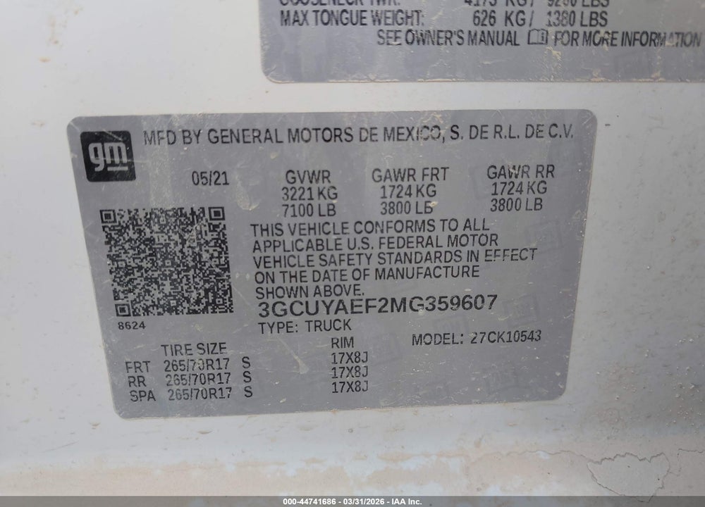 2021 CHEVROLET SILVERADO 1500 4WD  SHORT BED WT VIN: 3GCUYAEF2MG359607