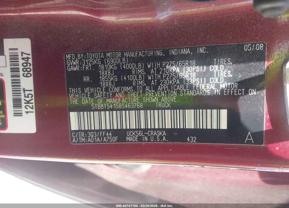 2008 TOYOTA TUNDRA SR5 4.7L V8 VIN: 5TBBT54158S463768
