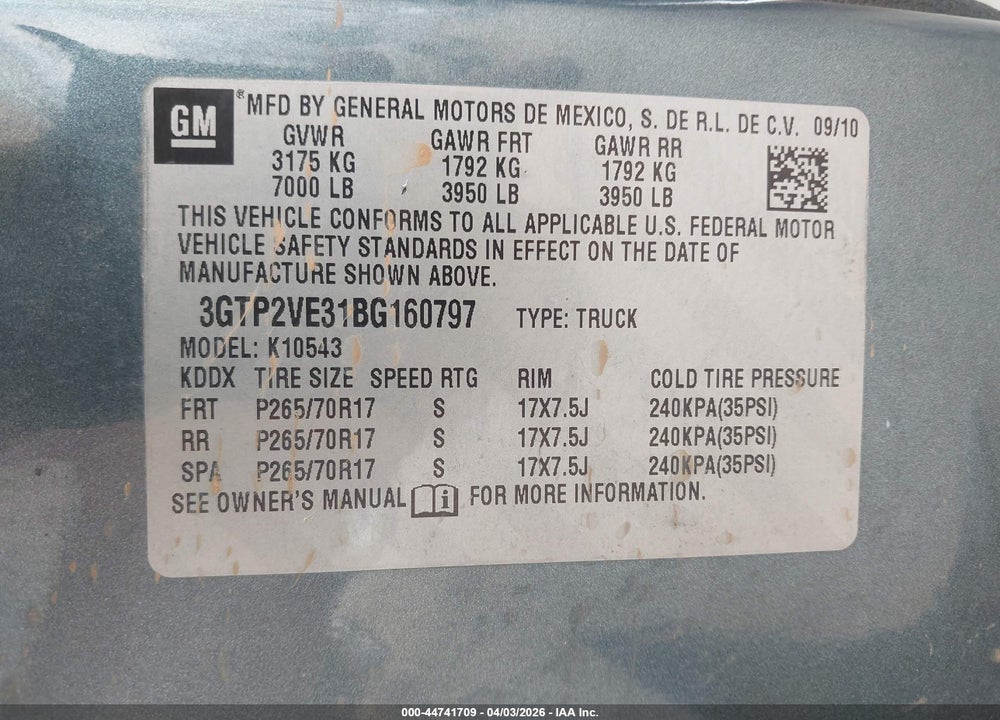 2011 GMC SIERRA 1500 SLE VIN: 3GTP2VE31BG160797