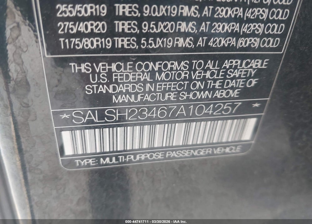 2007 LAND ROVER RANGE ROVER SPORT SUPERCHARGED VIN: SALSH23467A104257