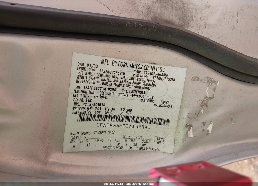 2003 FORD TAURUS SES VIN: 1FAFP55273A192941