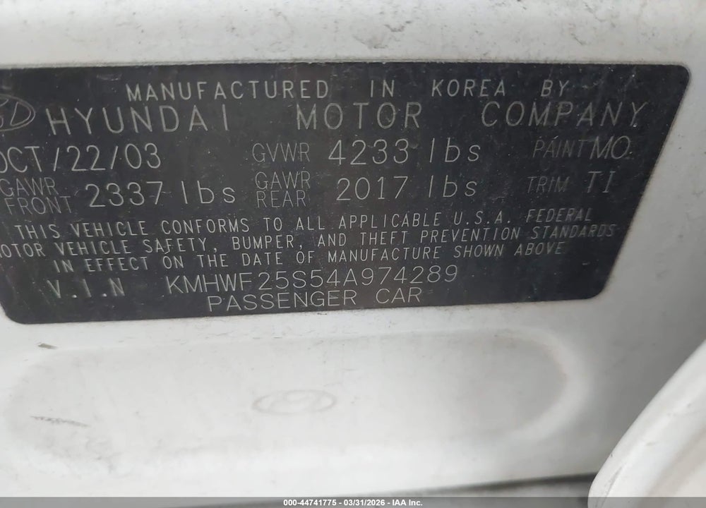 2004 HYUNDAI SONATA VIN: KMHWF25S54A974289