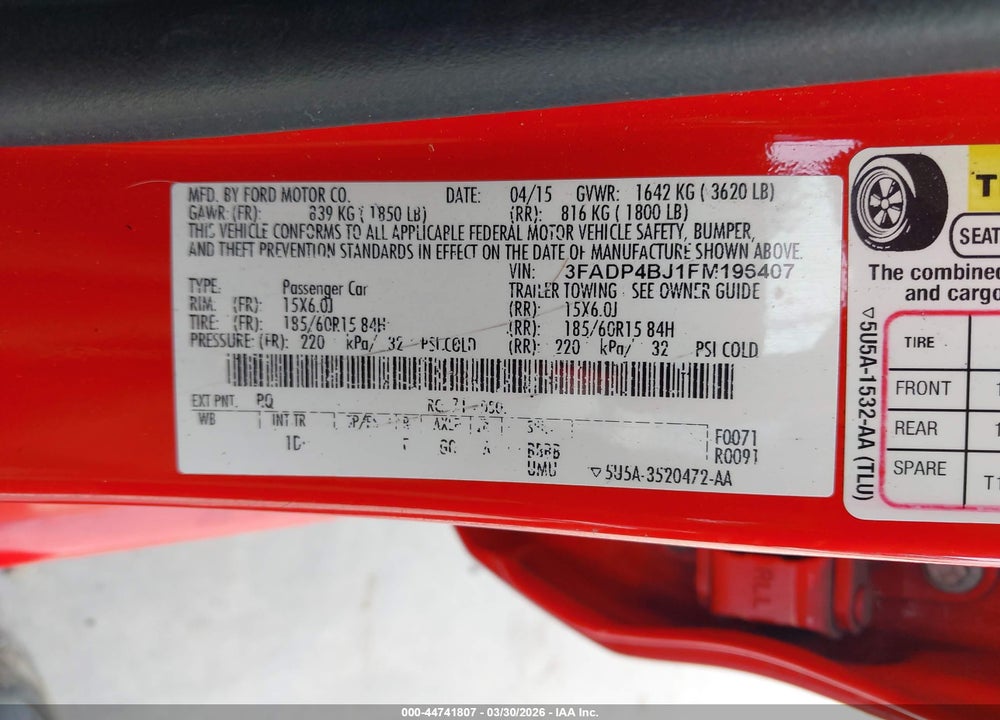 2015 FORD FIESTA SE VIN: 3FADP4BJ1FM196407