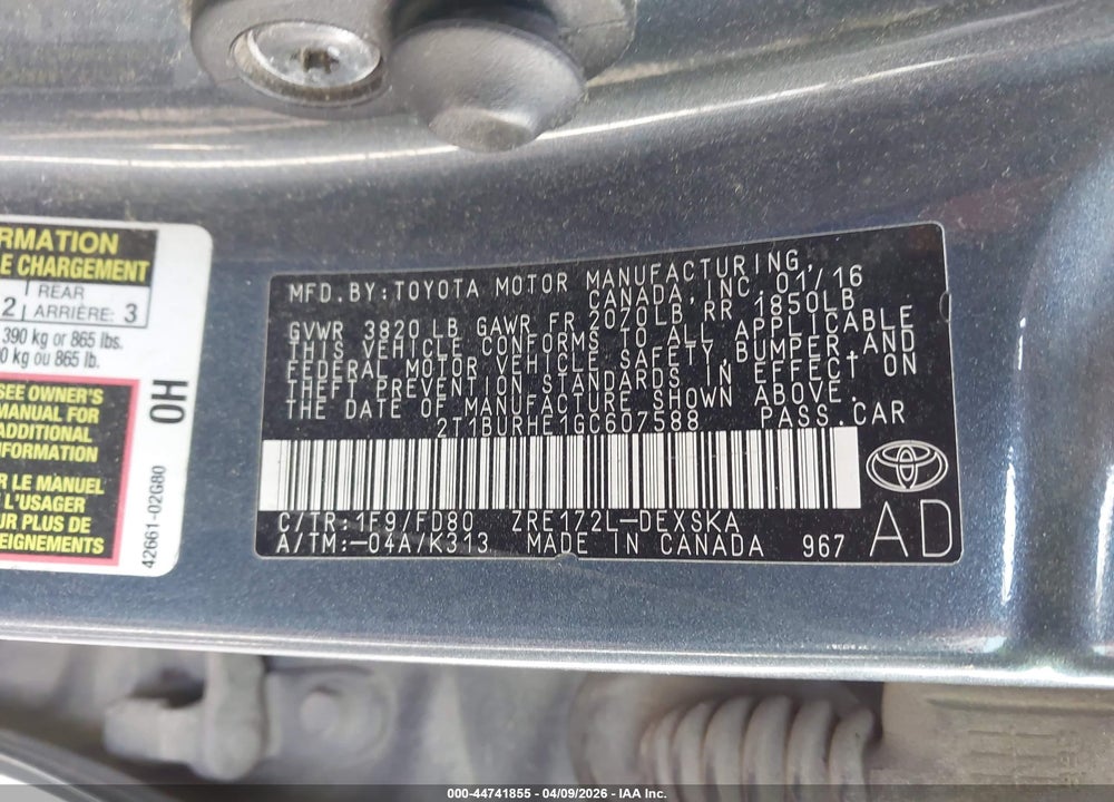 2016 TOYOTA COROLLA S PLUS VIN: 2T1BURHE1GC607588