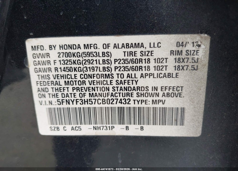 2012 HONDA PILOT EX-L VIN: 5FNYF3H57CB027432
