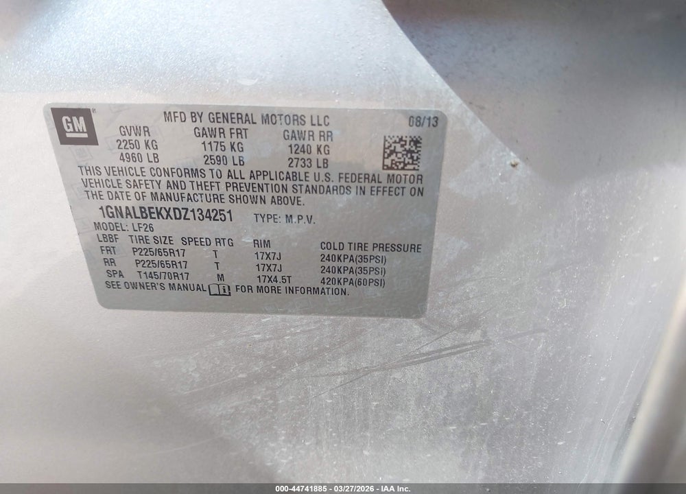 2013 CHEVROLET EQUINOX LS VIN: 1GNALBEKXDZ134251