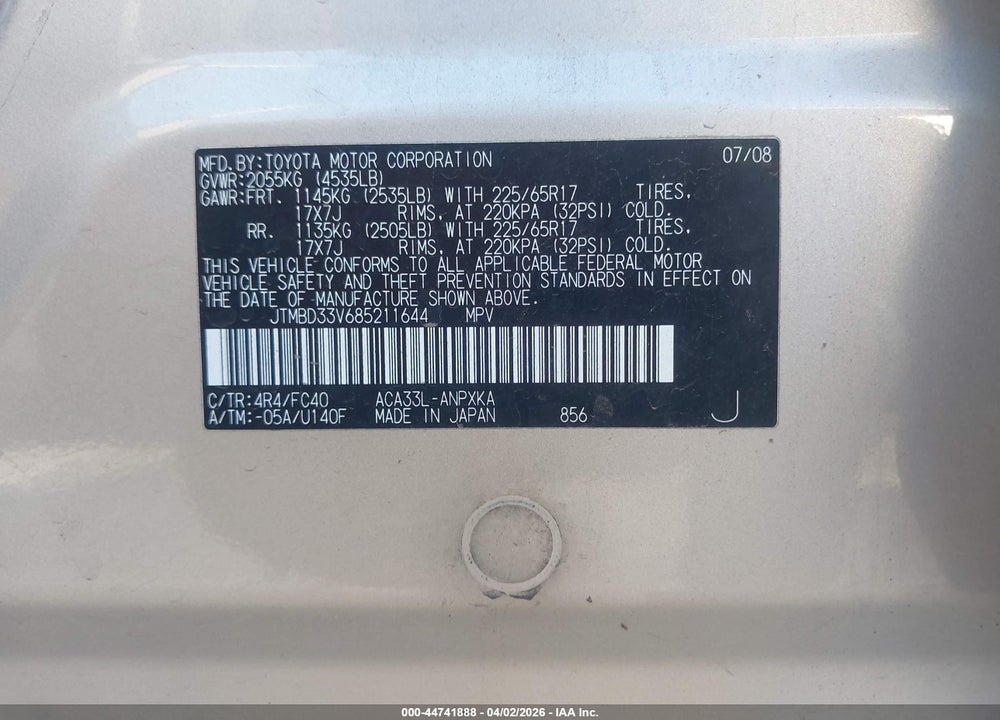 2008 TOYOTA RAV4 VIN: JTMBD33V685211644