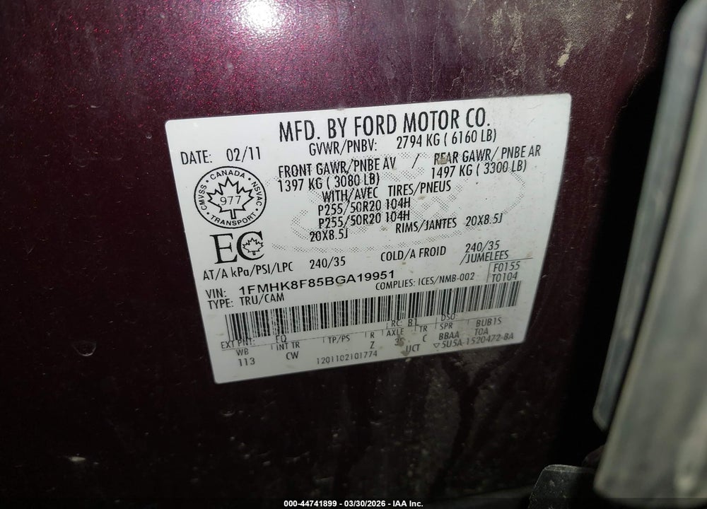 2011 FORD EXPLORER LIMITED VIN: 1FMHK8F85BGA19951