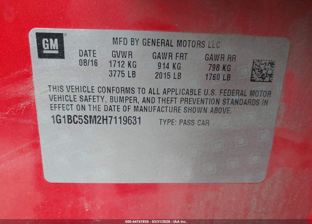 2017 CHEVROLET CRUZE LS AUTO VIN: 1G1BC5SM2H7119631