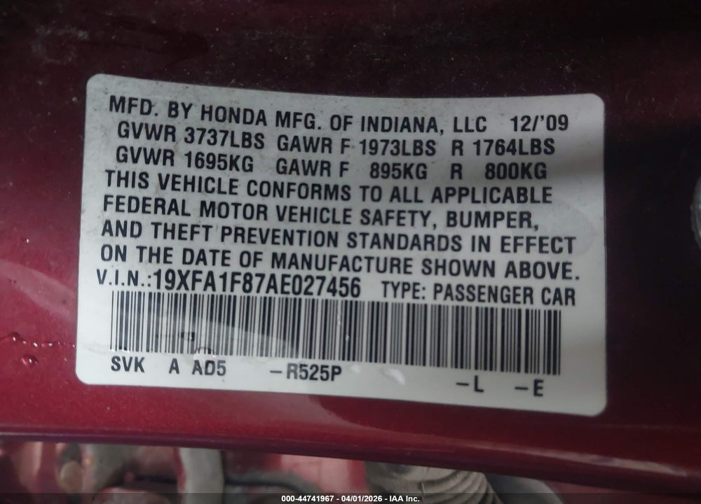 2010 HONDA CIVIC EX VIN: 19XFA1F87AE027456