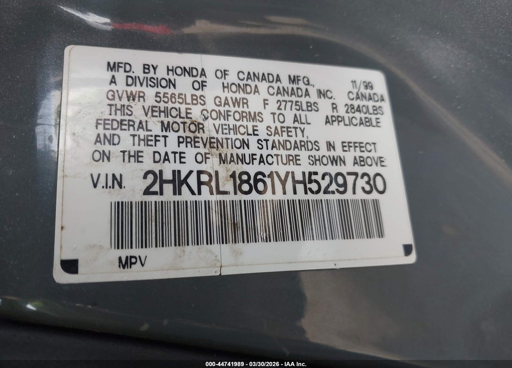 2000 HONDA ODYSSEY EX VIN: 2HKRL1861YH529730