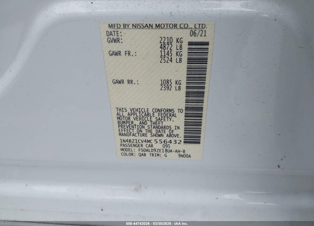 2021 NISSAN LEAF SV PLUS 62 KWH VIN: 1N4BZ1CV4MC556432