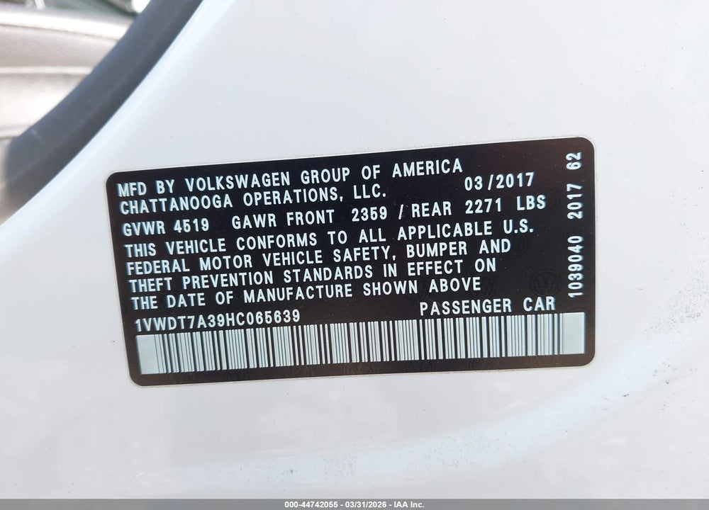 2017 VOLKSWAGEN PASSAT 1.8T R-LINE VIN: 1VWDT7A39HC065639