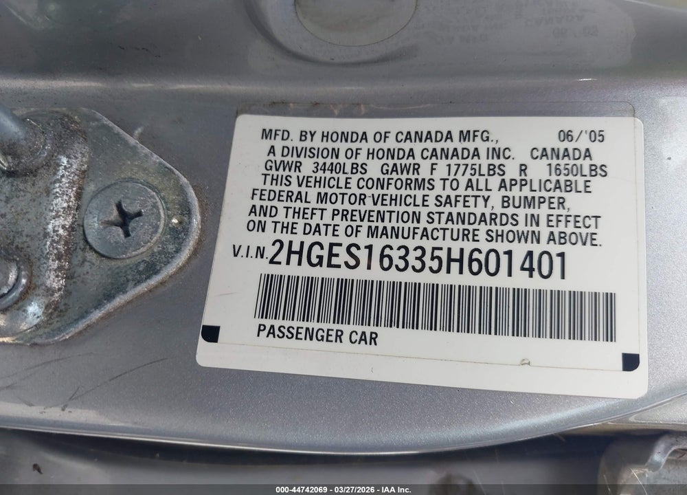 2005 HONDA CIVIC VP VIN: 2HGES16335H601401