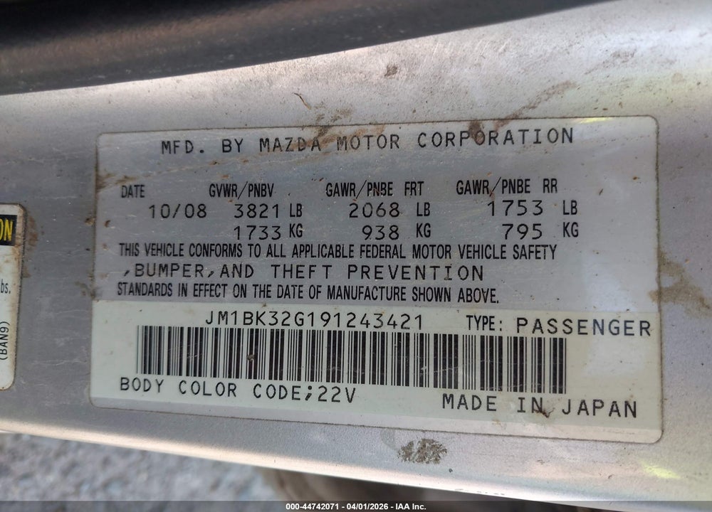 2009 MAZDA 3 I VIN: JM1BK32G191243421