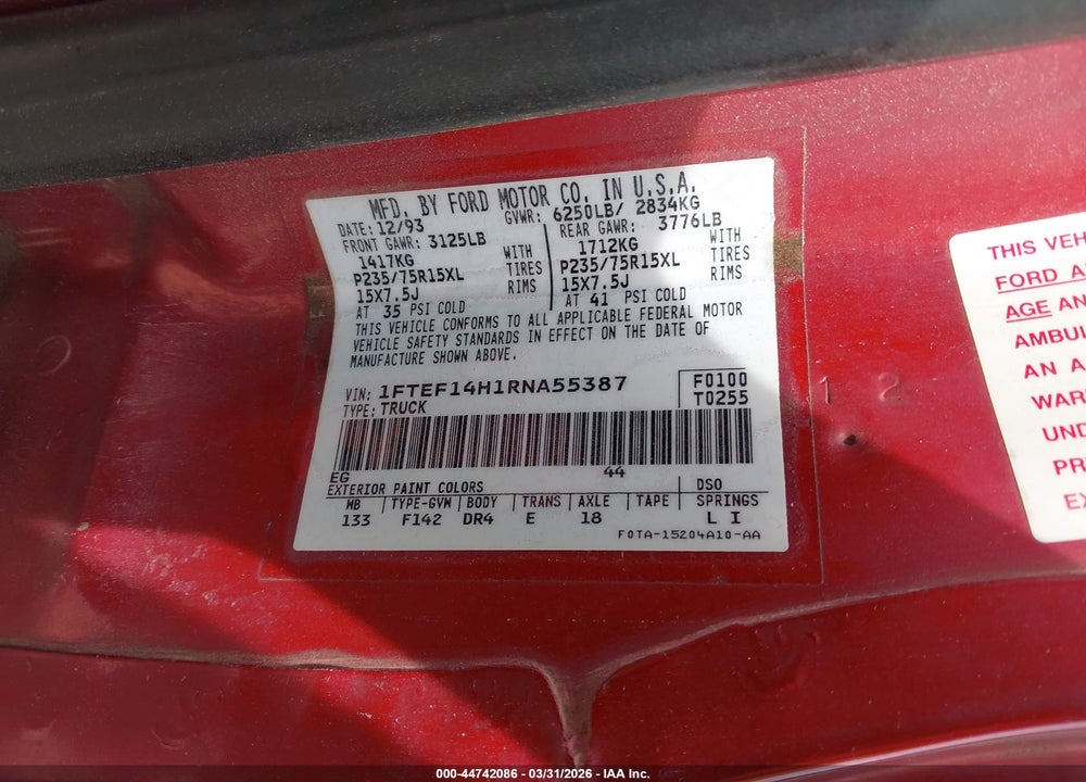 1994 FORD F150 VIN: 1FTEF14H1RNA55387