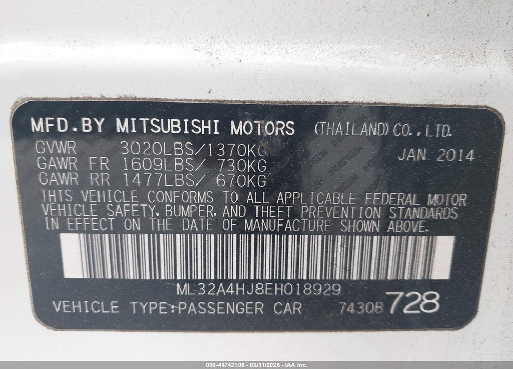 2014 MITSUBISHI MIRAGE ES VIN: ML32A4HJ8EH018929